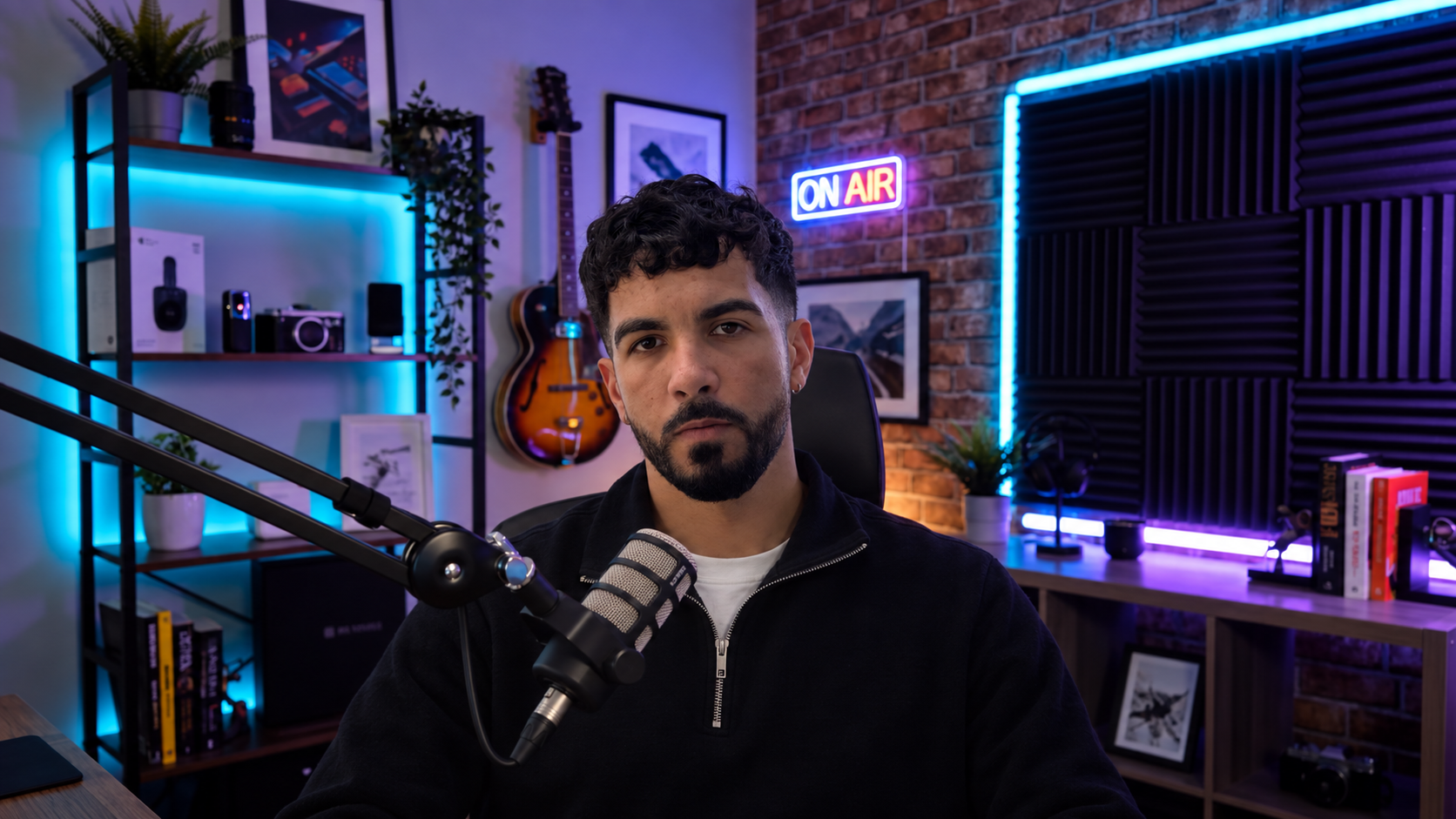 Digital Influencer Lab creator as an AI presenter in a blue and purple recording studio